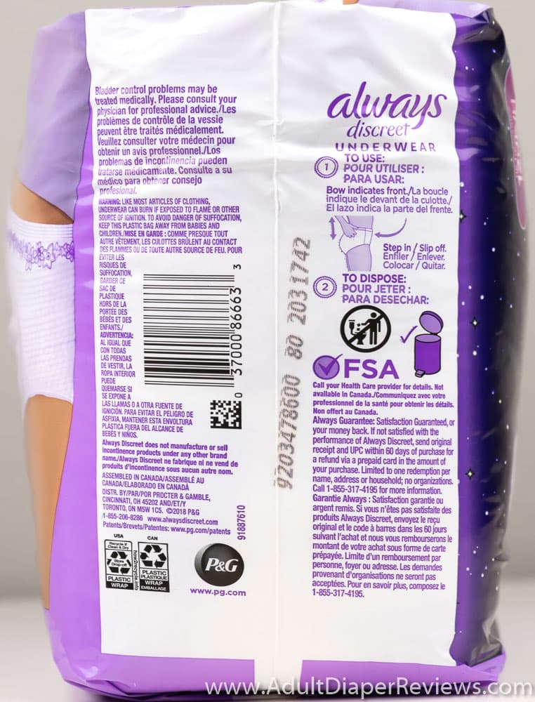 Always Discreet Overnight Maximum Small Medium Underwear Bag Right With UPC