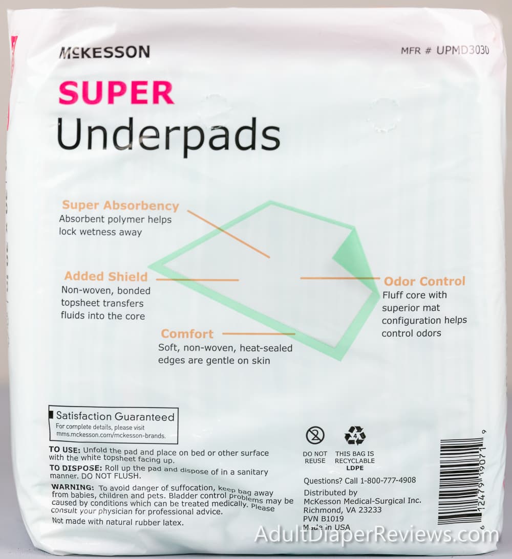 Back of Mckesson Super Underpads Moderate bag with UPC