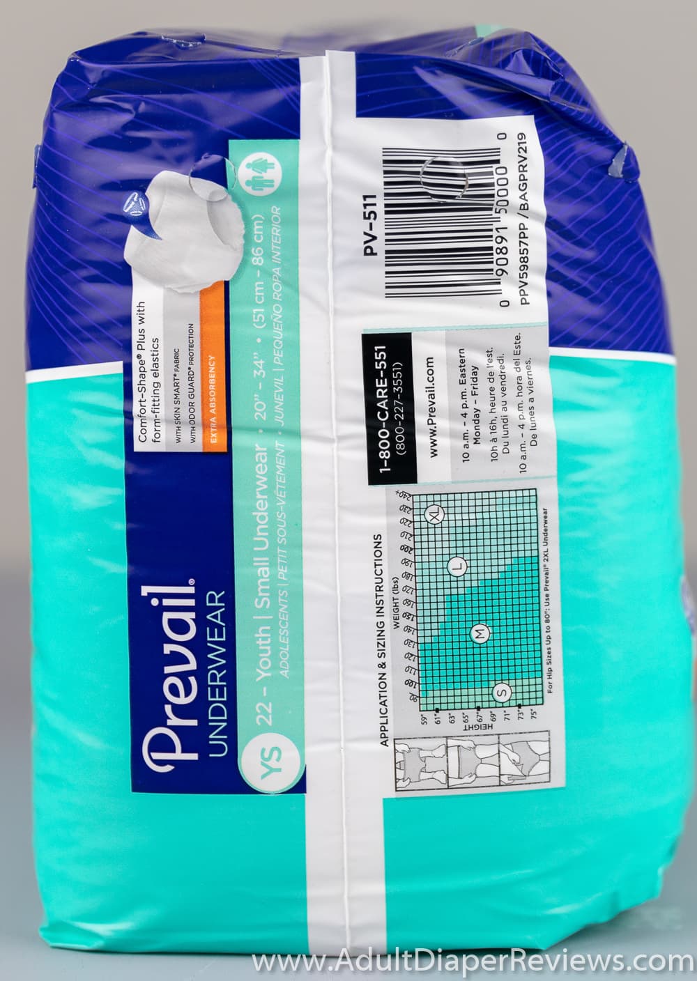 Prevail Incontinence Underwear Size Youth Small left side of bag with UPC