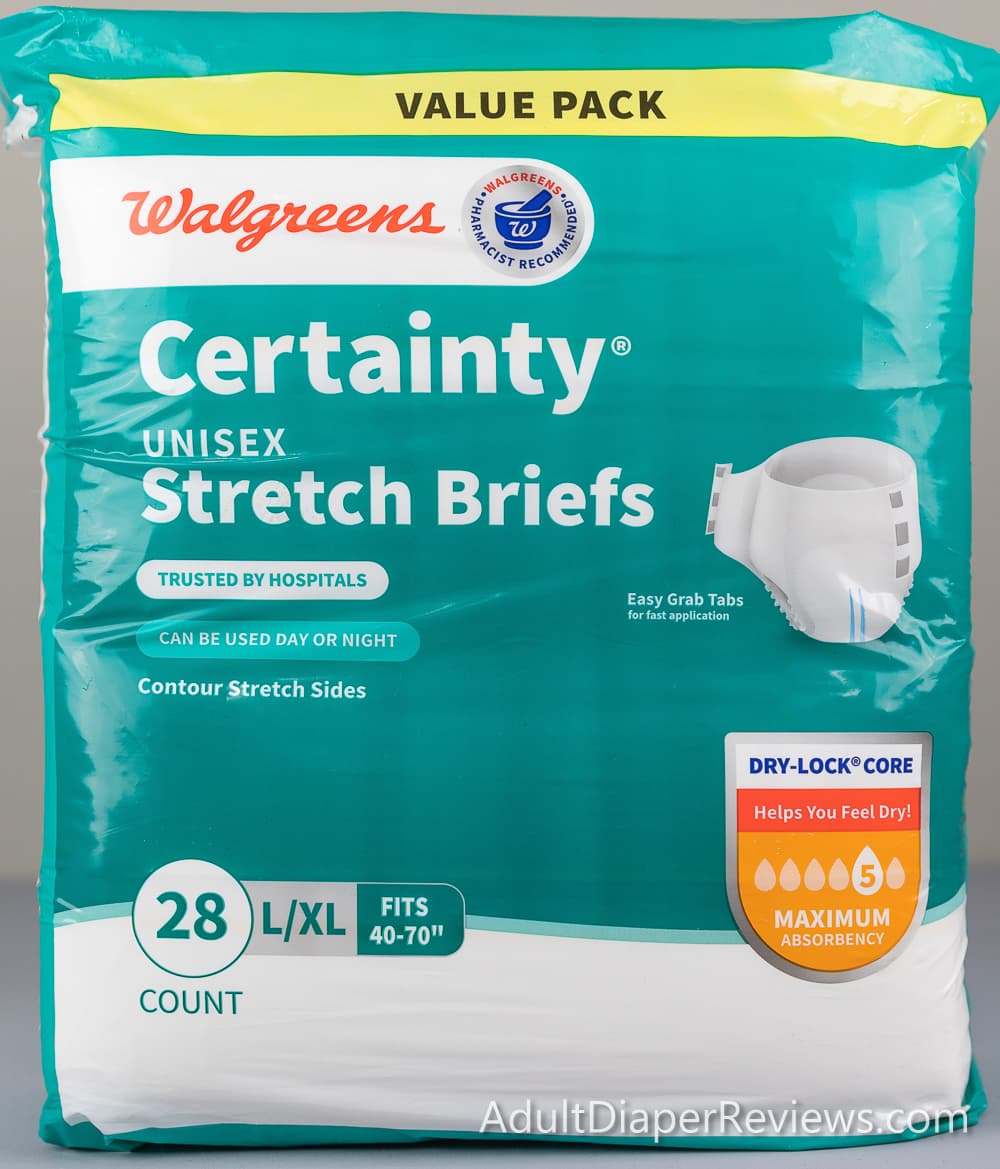 Walgreens Certainty Stretch Briefs Large Back of Bag